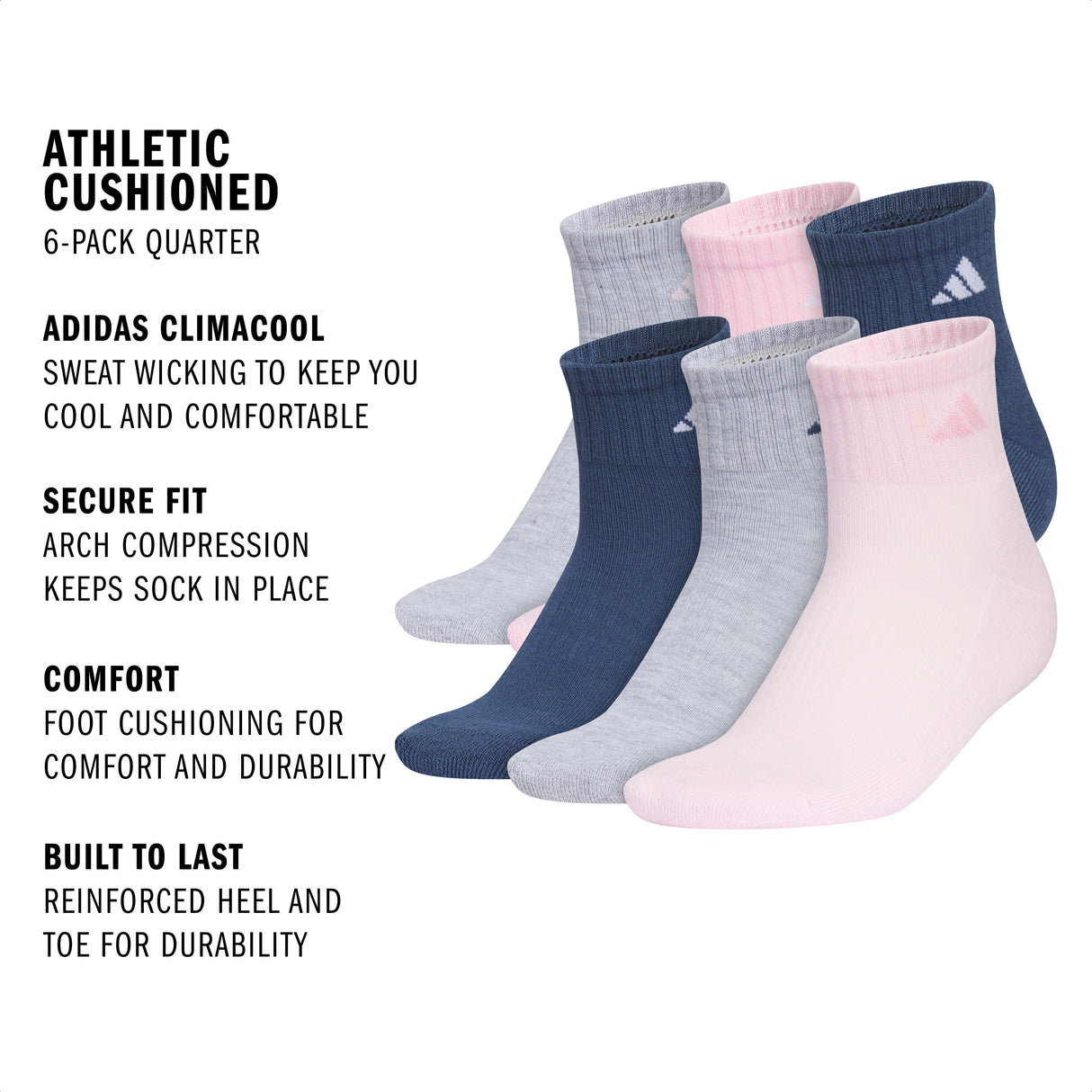 adidas Women's Athletic Cushioned 6-Pack Quarter Sock-2