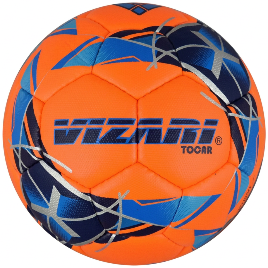 Vizari Tocara bright orange futsal ball with blue geometric patterns and textured hand stitched panels