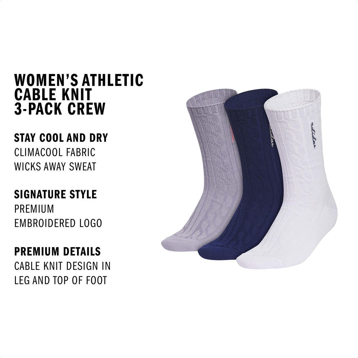 adidas Women's Athletic Cable Knit 3-Pack Crew-2