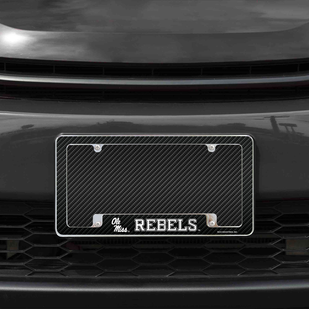 Rico Industries NCAA University of Mississippi - Ole Miss Carbon Fiber 12" x 6" Chrome License Plate Frame-1