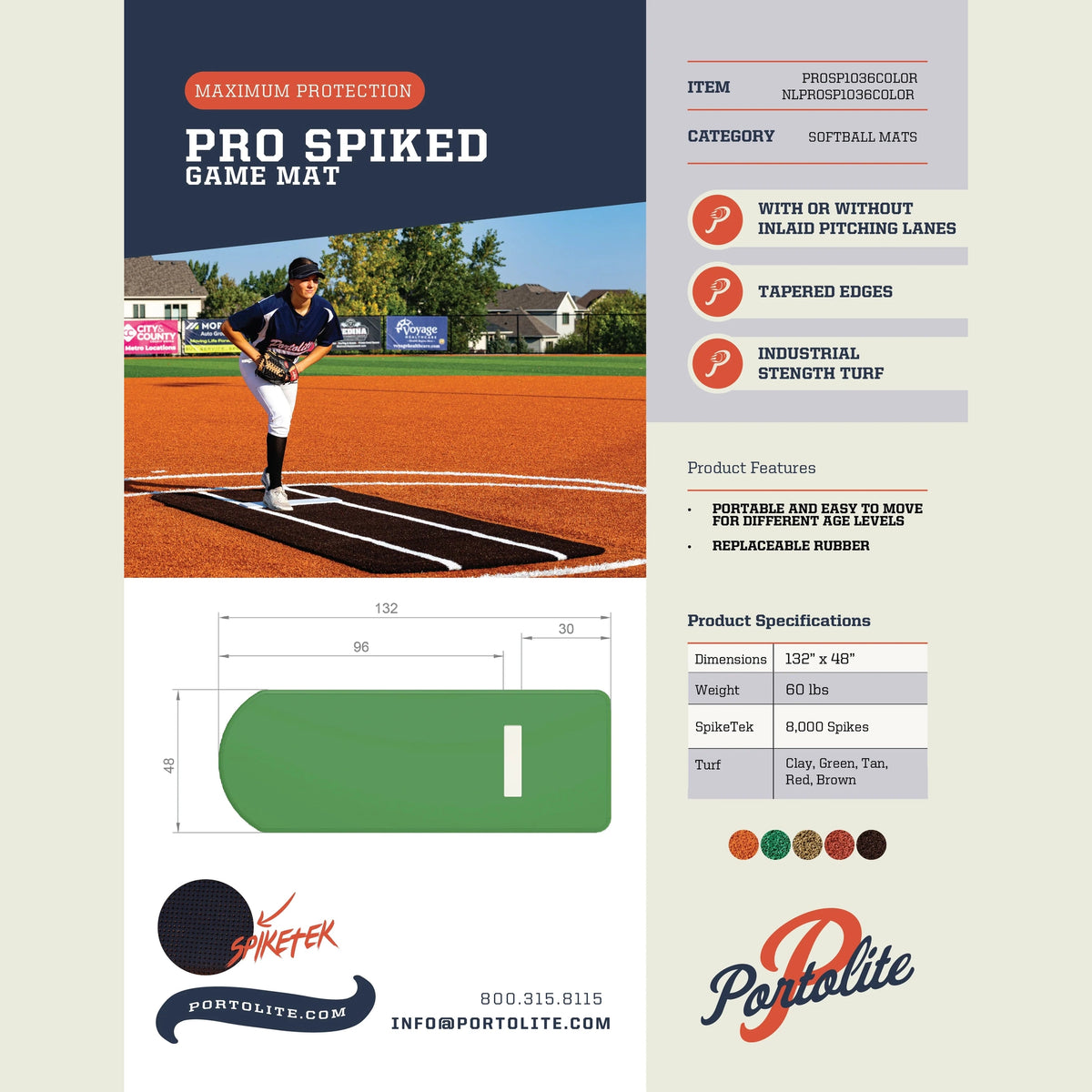Portolite Baseball Pro Spiked Game Mat with No Lines-4
