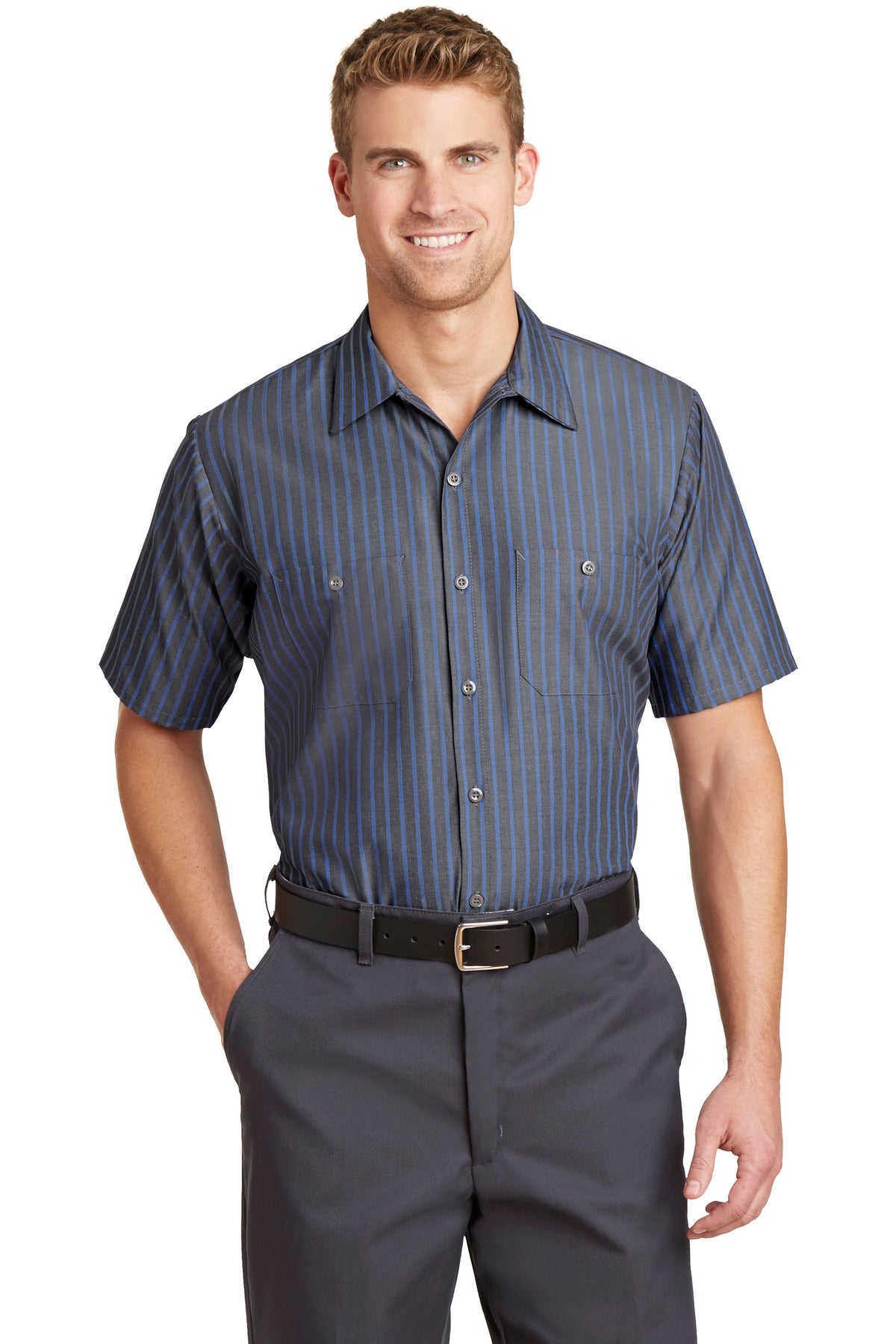 Red Kap Men's Short Sleeve Industrial Stripe Work Shirt. SL20 Corporate Apparel Shirts & Tops