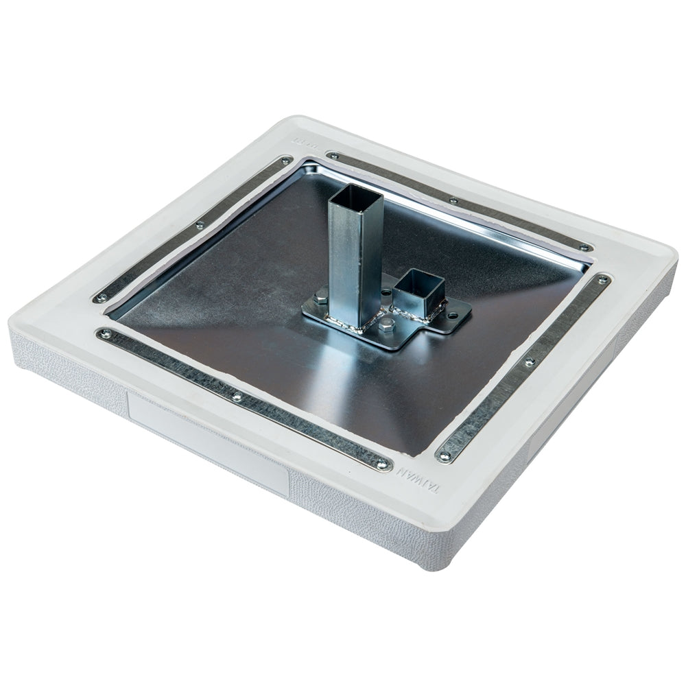 White molded three base set base plate with metal mounting frame and central vertical post