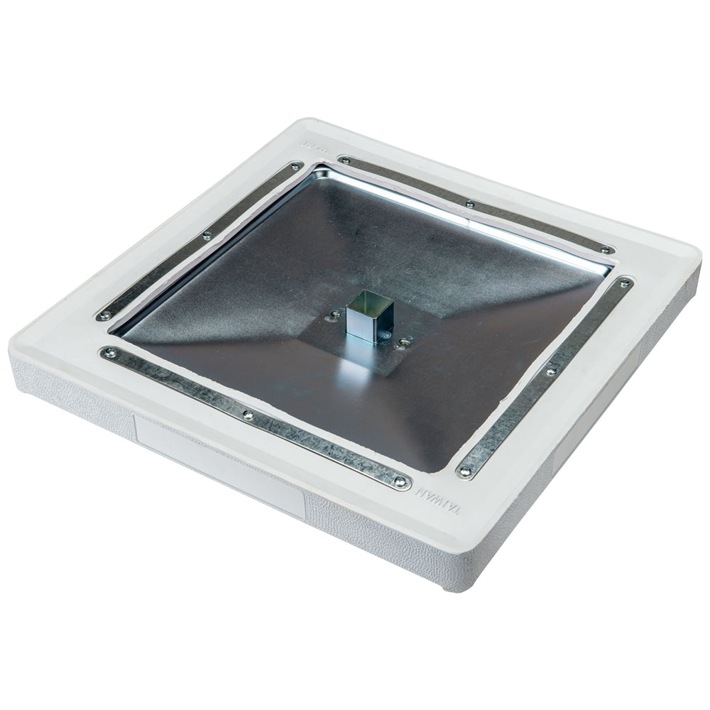 Close up of white molded three base set base featuring central square post and mounting hardware