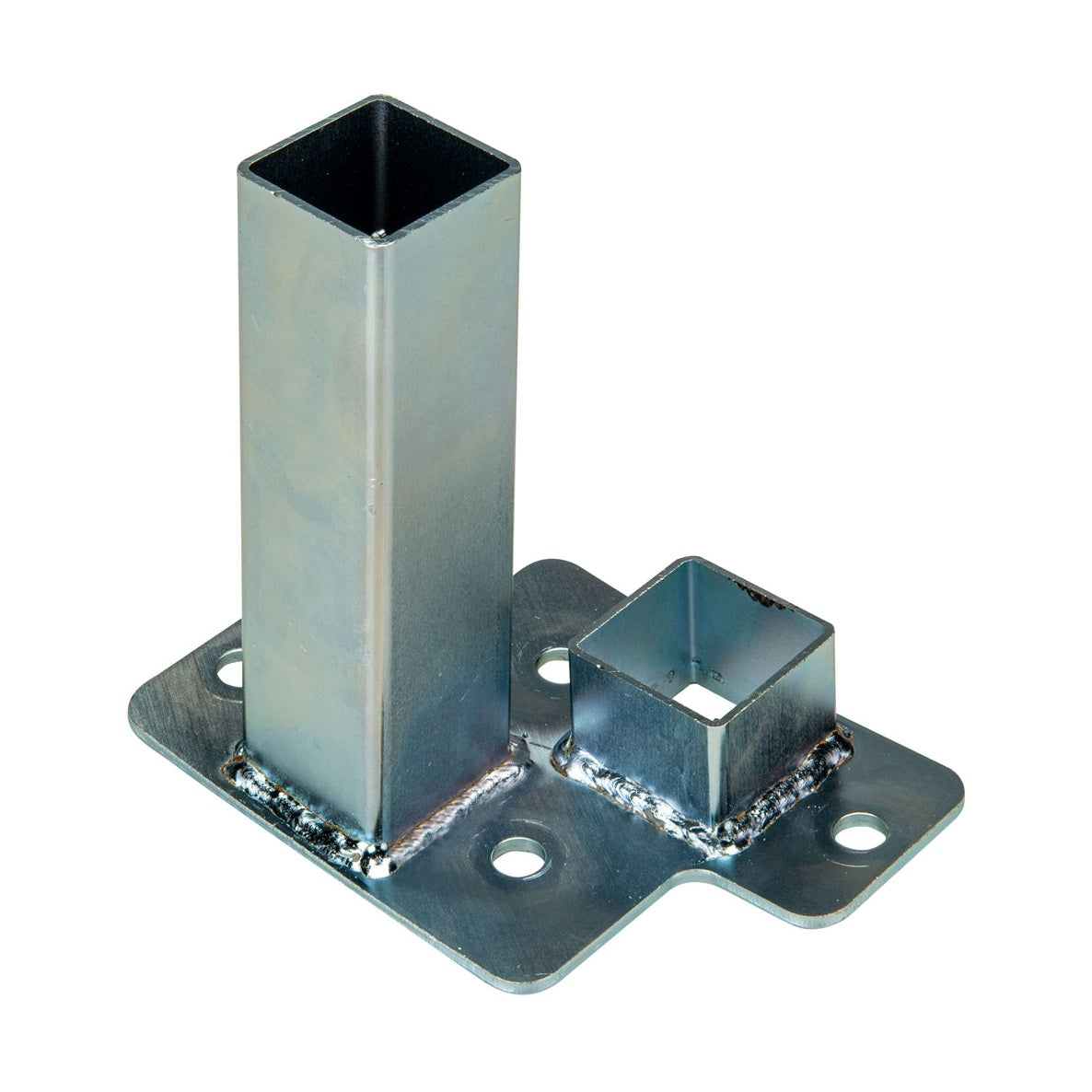 Metal base plate with tall square post and a smaller adjacent square tube for base mounting