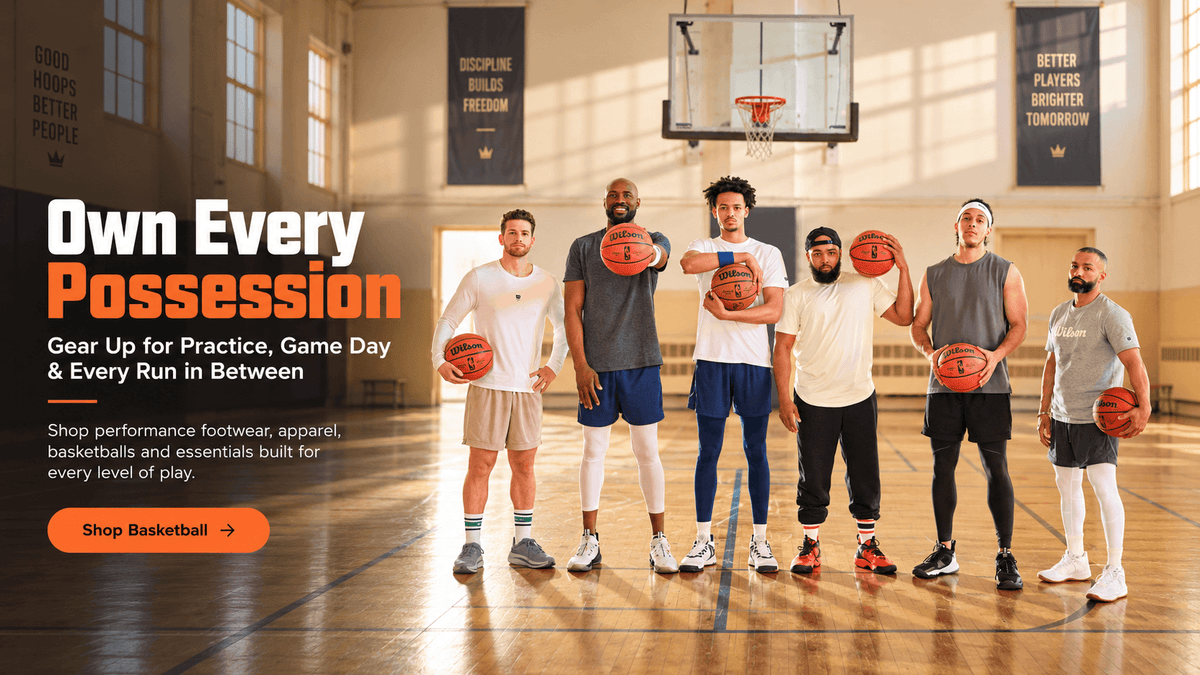 A promotional banner featuring six male basketball players standing on a basketball court, each holding a basketball. The background shows a basketball hoop and banners on the wall.