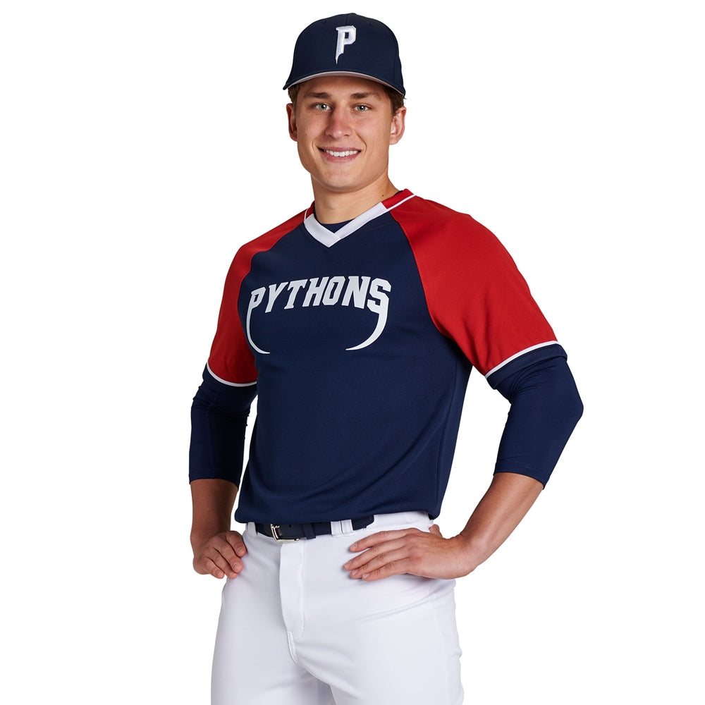 Youth Champro Square Up V-Neck Baseball Jersey navy with red sleeves and Pythons branding on chest