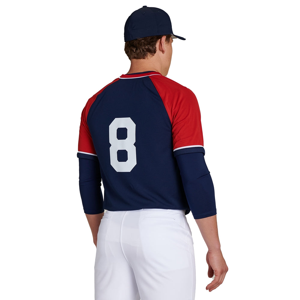 Back view of Champro men's square up V-neck baseball jersey in navy with red sleeves and a white number 8.