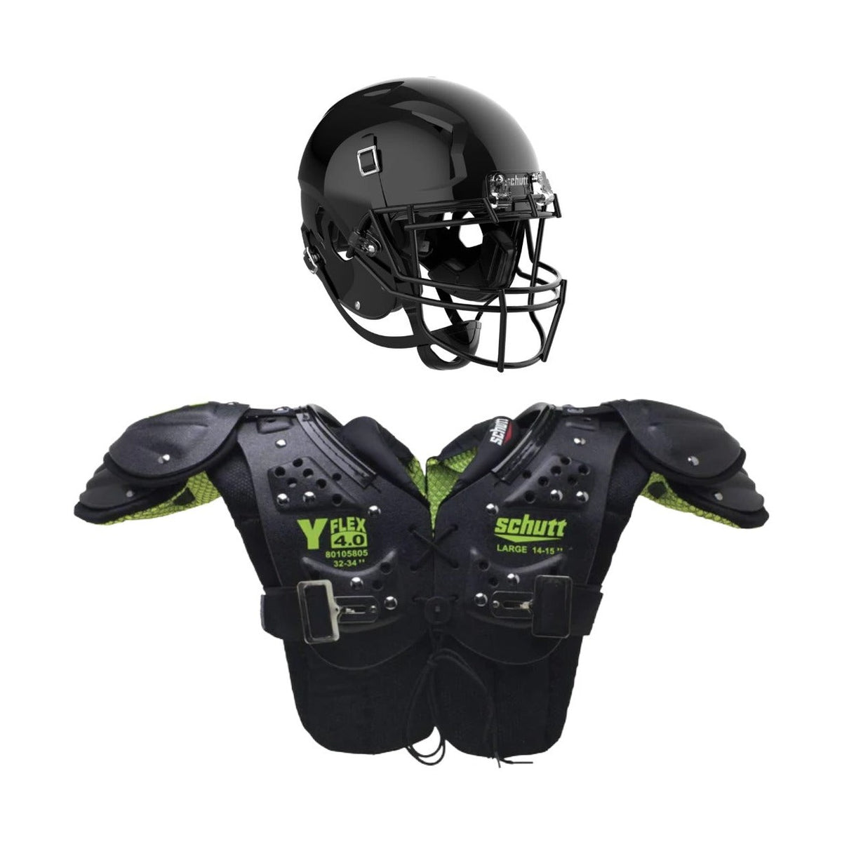 Schutt Youth Football Bundle with a glossy black helmet and neon green shoulder pads