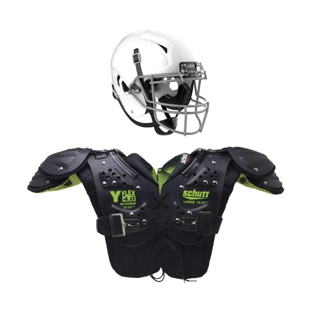 Schutt Youth Football Bundle featuring a white helmet and black protective shoulder pads