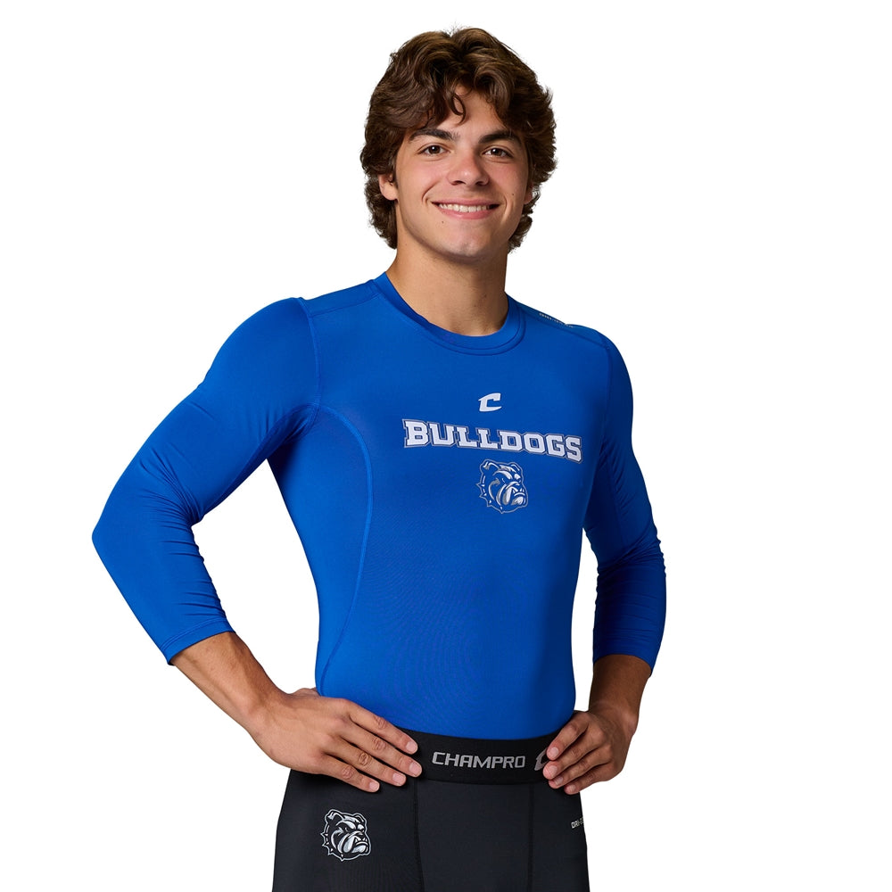 Front view of a male model wearing blue Champro Lightning 2.0 compression 3/4 sleeve shirt with Bulldogs logo