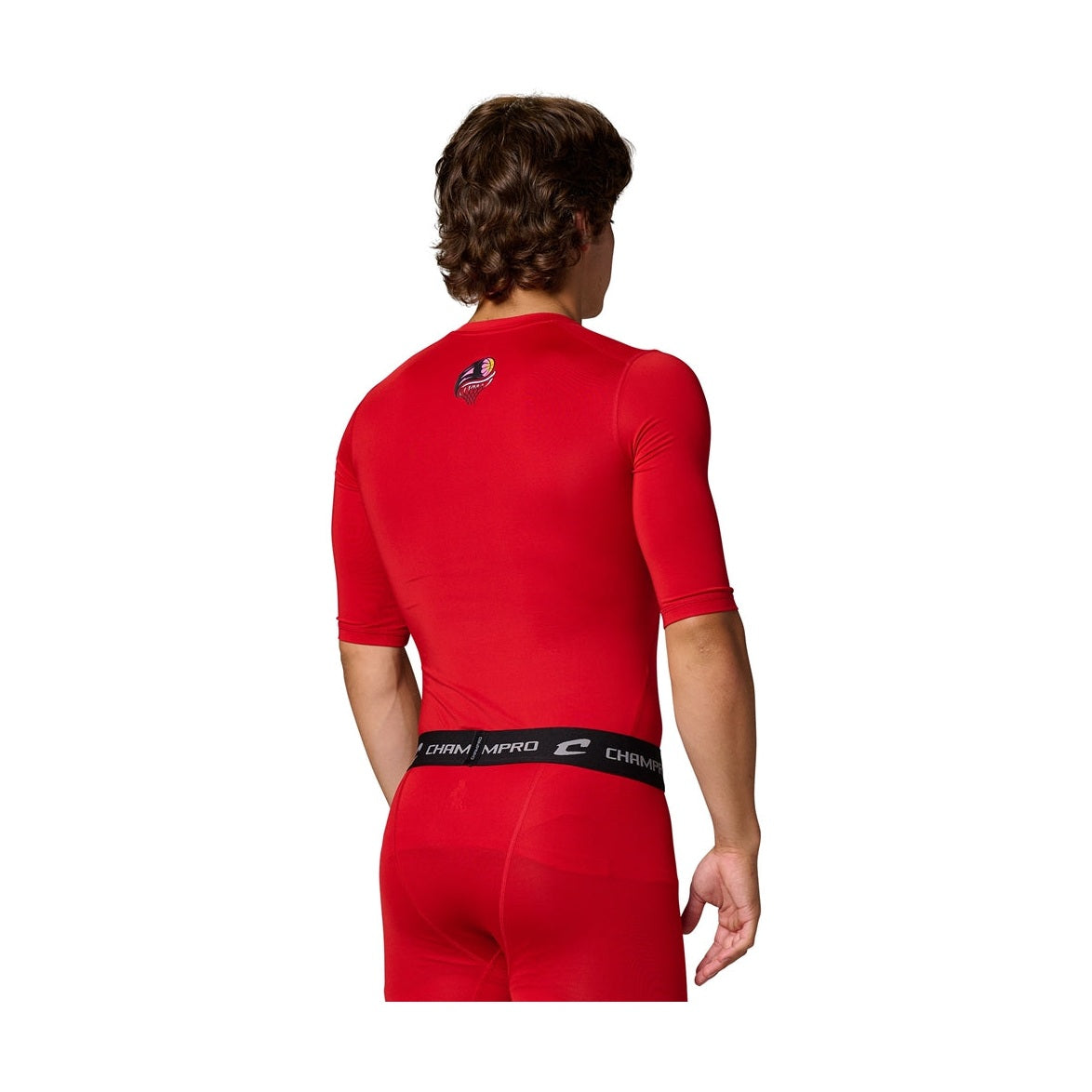Back view of a red Champro Youth Lightning 2.0 compression half sleeve jersey with a small logo at the upper back