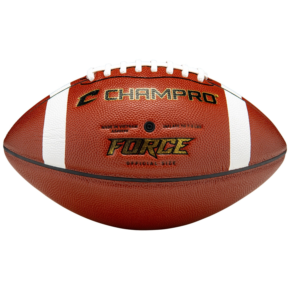 Full Champro Force football with white stripes and laces on brown pebble surface.