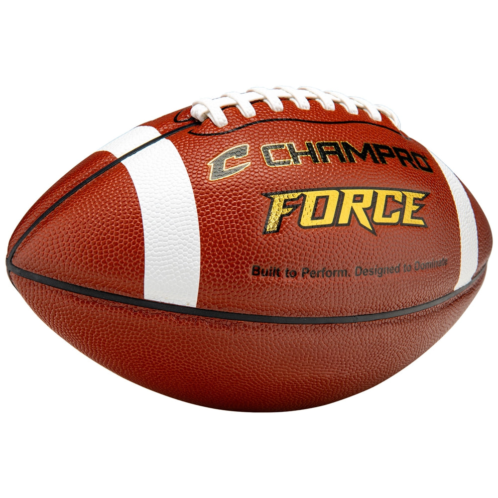 Champro Force football viewed from the side with white stripe and FORCE branding.