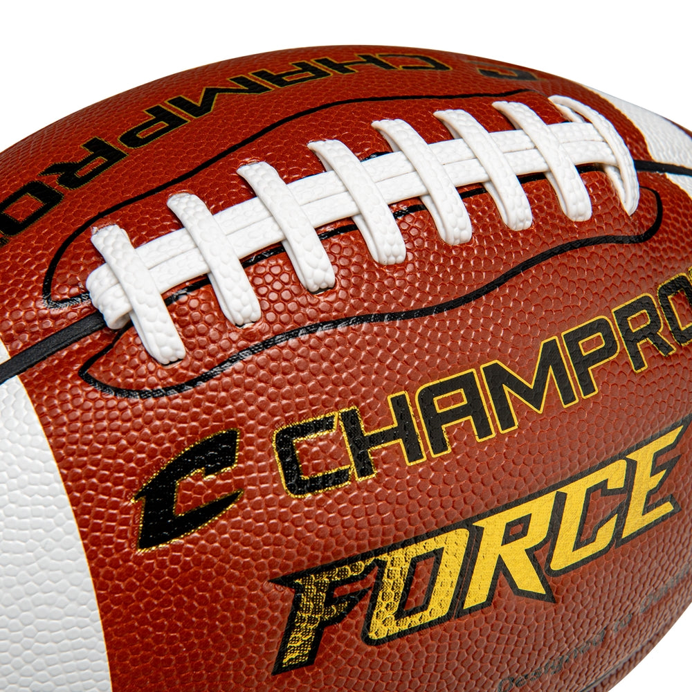 Champro Force football close up showing white laces and textured brown leather