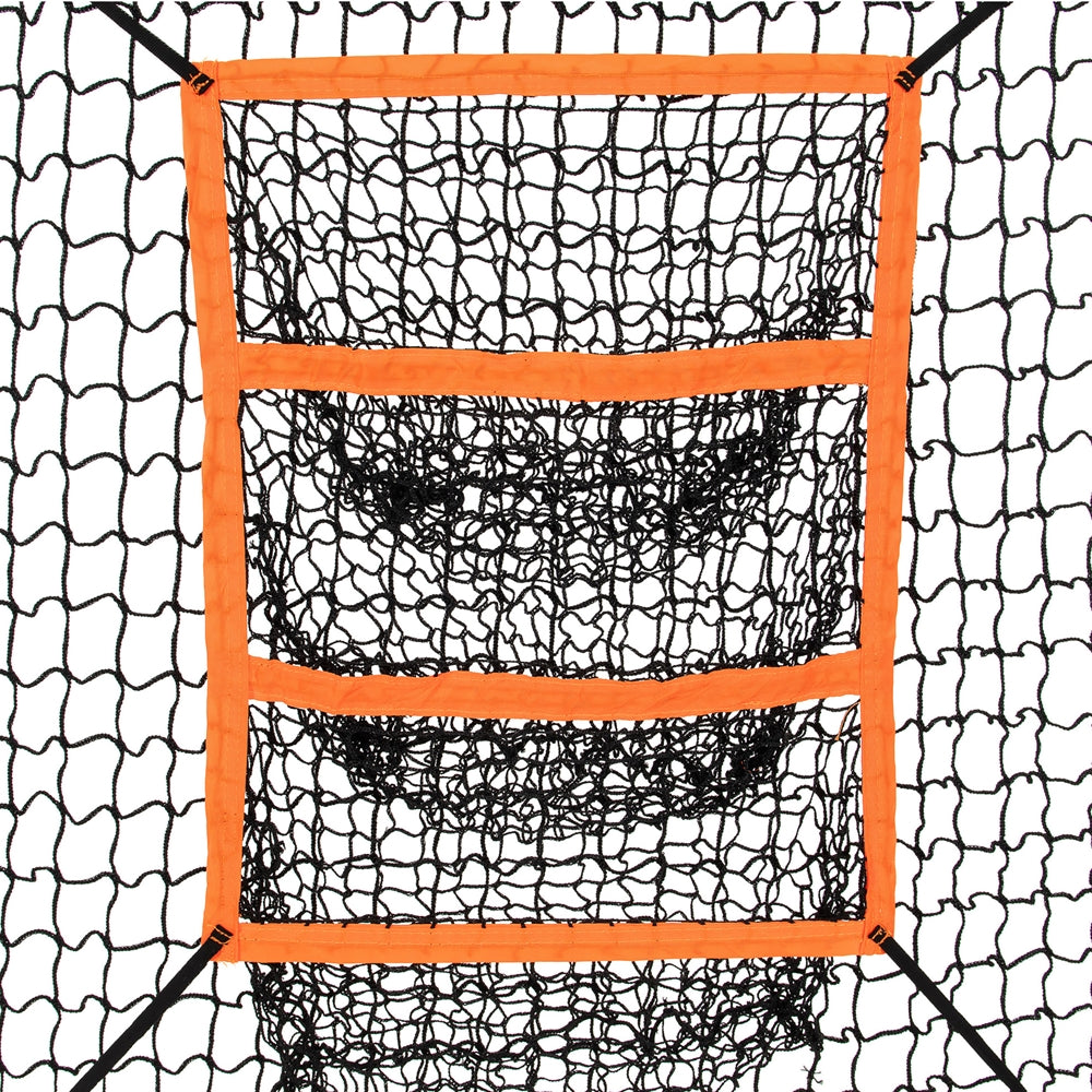 Orange framed five by five pop-up training net with black mesh.