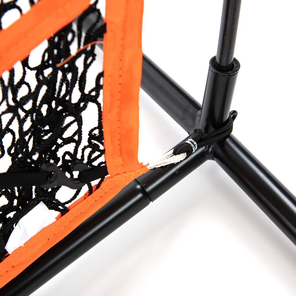 Close-up of the orange edge trim and black frame at the corner of the Champro MVP 5x5 Pop-Up Net
