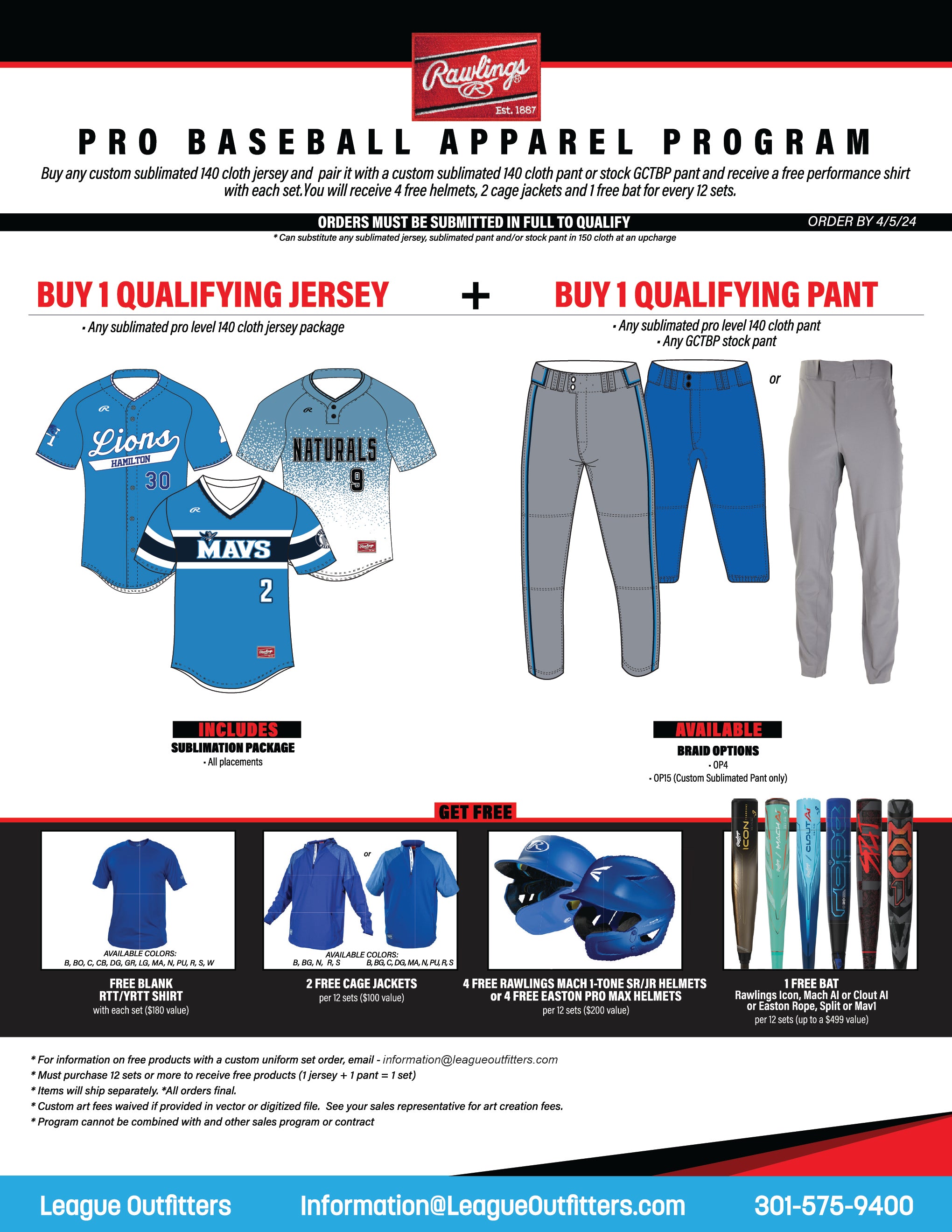 Rawlings Pro Baseball Uniform Package League Outfitters