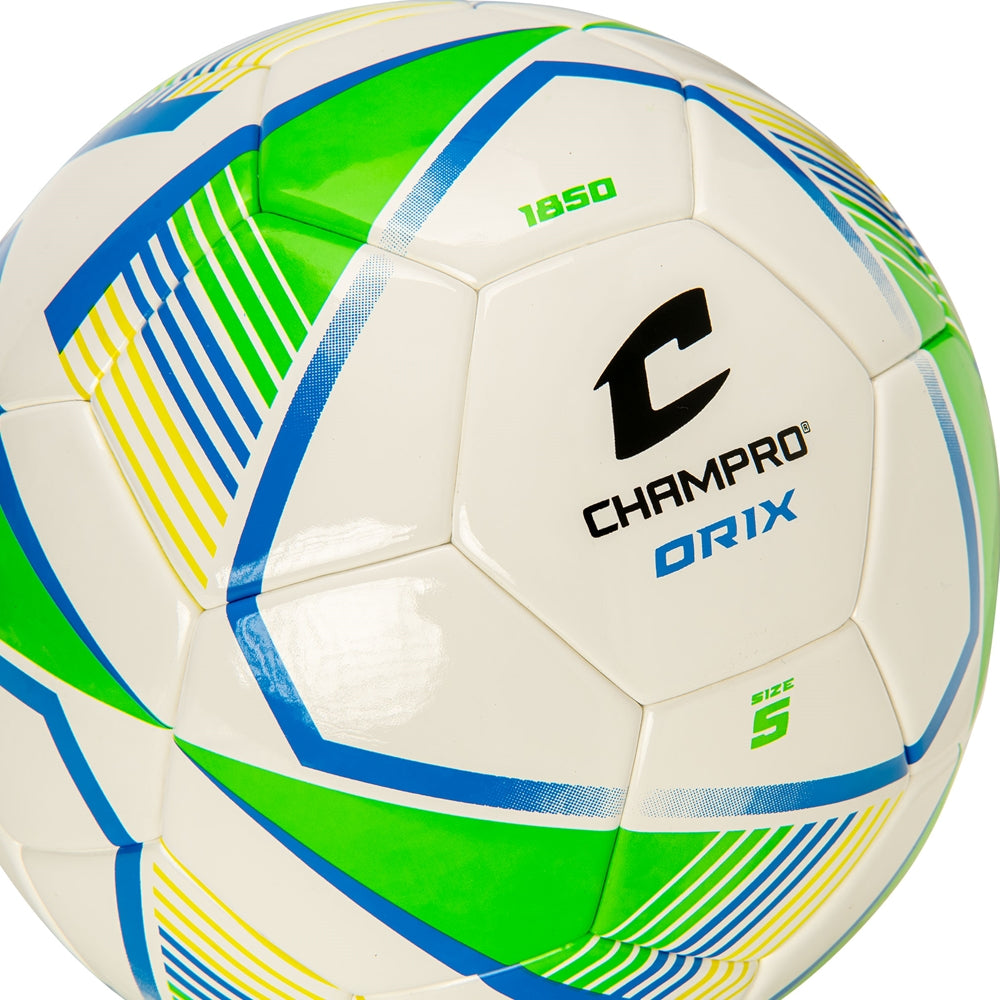 Champro Orix soccer ball white with green blue and yellow graphic accents size 5