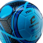 Blue Champro Orbit soccer ball with black lattice pattern and light blue panels.