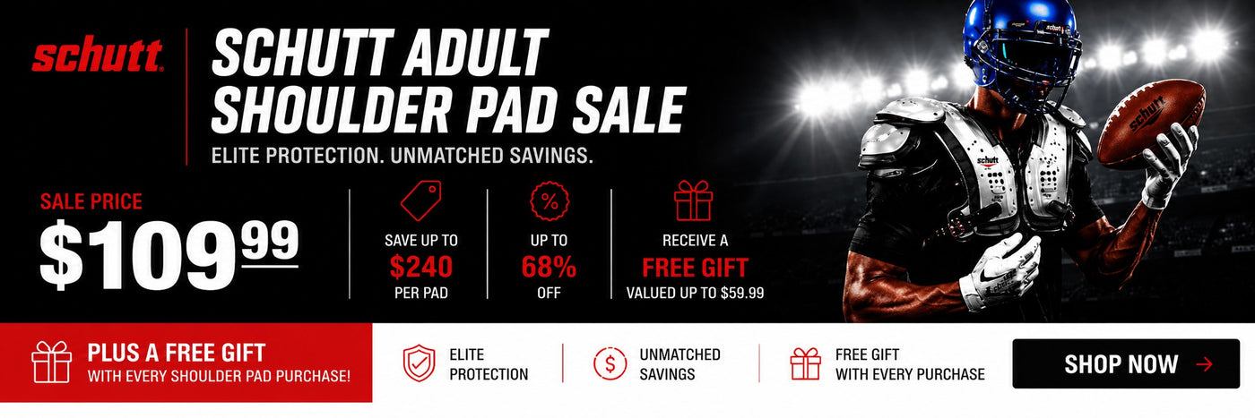 A promotional banner for the Schutt Adult Shoulder Pad Sale, featuring a football player on the right and sale text, pricing at $109.99, and feature icons on the left and bottom against a dark stadium background.