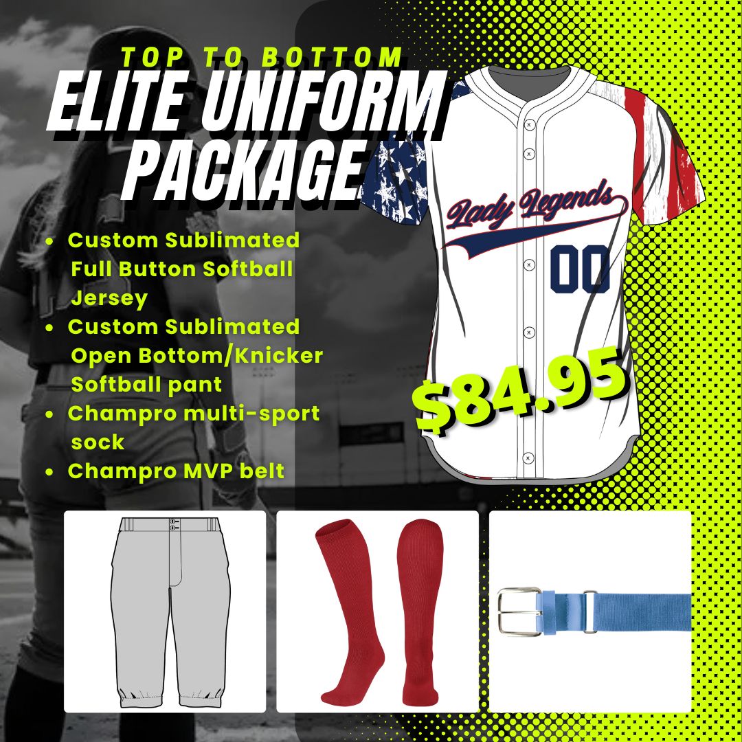 League Outfitters Custom "Elite" Sublimated Top to Bottom Package Team Softball Jerseys