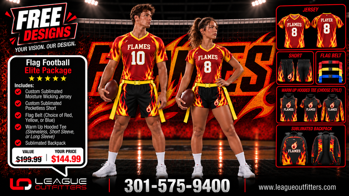 Promotional graphic for a custom flag football jersey package, showing two models wearing red and yellow flame-print jerseys with black shorts and yellow flag belts. The image includes product details, pricing, and additional design options on a basketball court background.