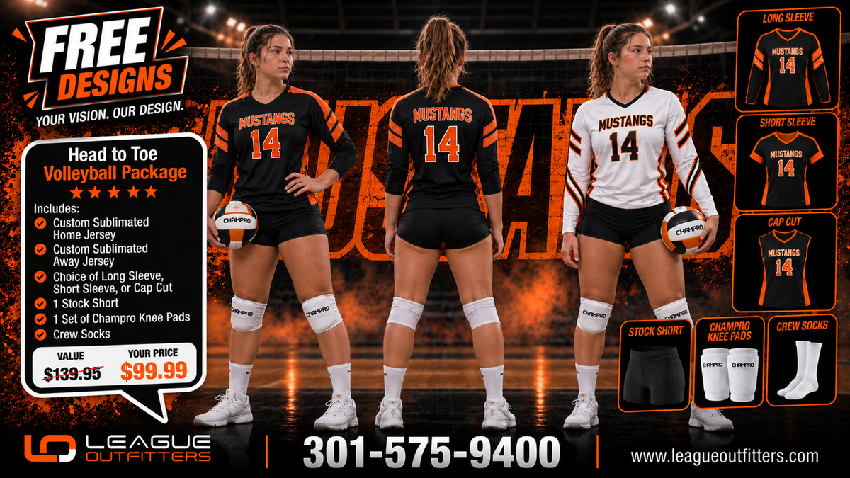 Promotional graphic for a custom head-to-toe volleyball package by LD League Outfitters, showing three female athletes in team uniforms (black with orange text and white with black text) on a basketball court background, alongside inset images of alternative sleeve and sock options.
