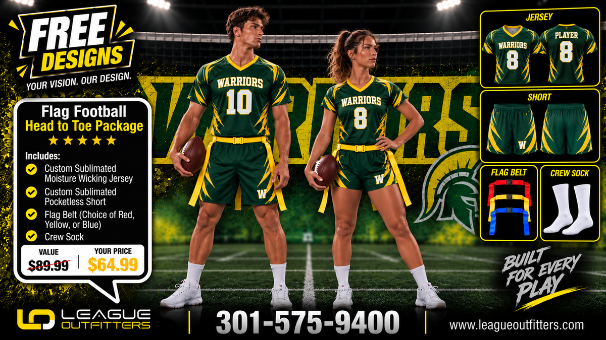 Promotional graphic for a custom 'Flag Football Head to Toe Package' by League Outfitters, showing two models (a man and a woman) wearing green and yellow basketball jerseys and shorts on a football field background. The graphic includes product details, pricing, and additional design options.