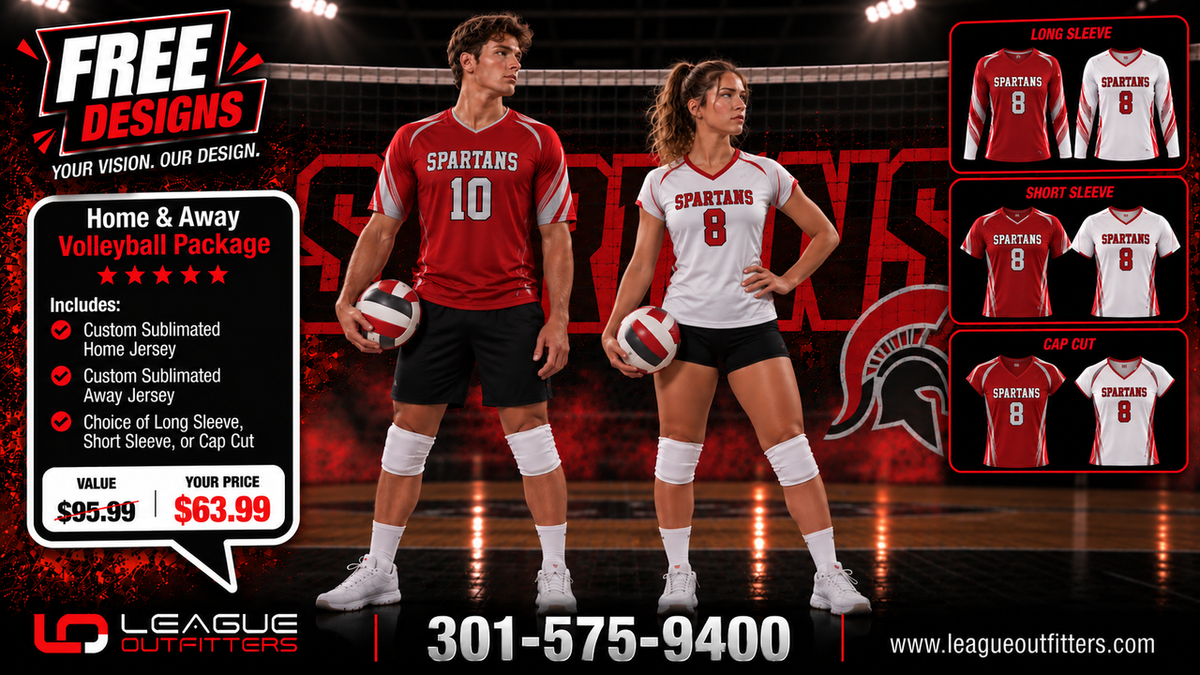 Promotional graphic for a custom volleyball jersey package by LD League Outfitters, featuring two female athletes in red and white Spartans jerseys on a basketball court background. The left side lists the home and away package details and pricing, while the right side shows additional sleeve and cap options.
