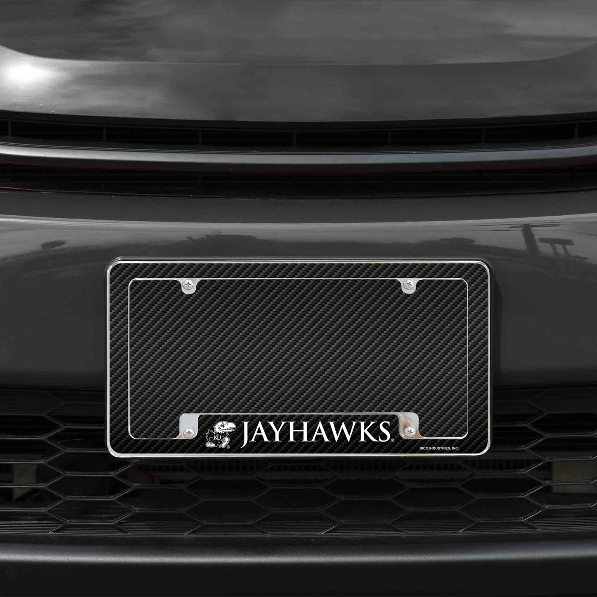 Rico Industries NCAA Kansas Jayhawks Carbon Fiber 12" x 6" Chrome License Plate Frame-1