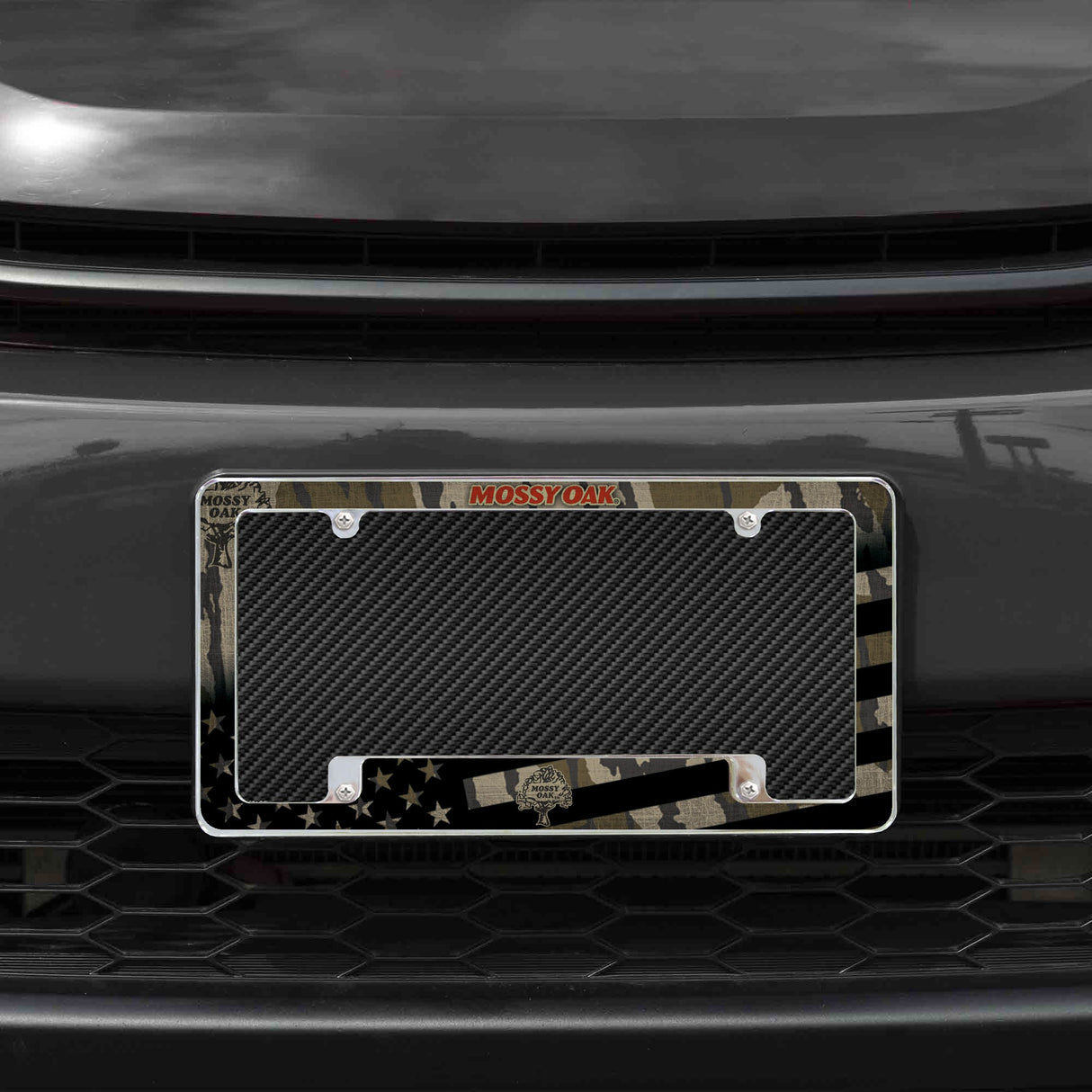 Rico Industries Wildlife Bottom Land Camo/USA Flag 12" x 6" Chrome License Plate Frame-1