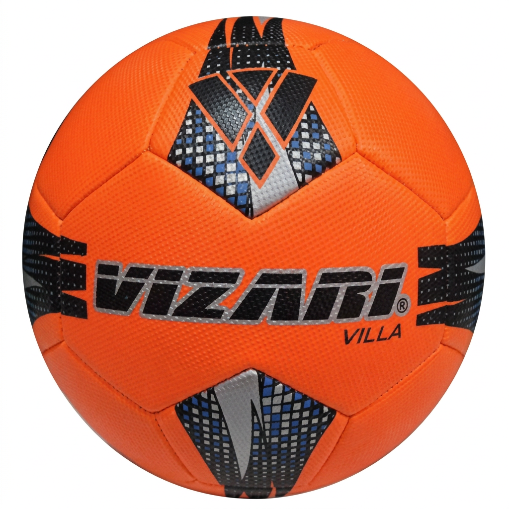 Vizari Villa soccer ball bright orange with blue gray geometric panels and logo