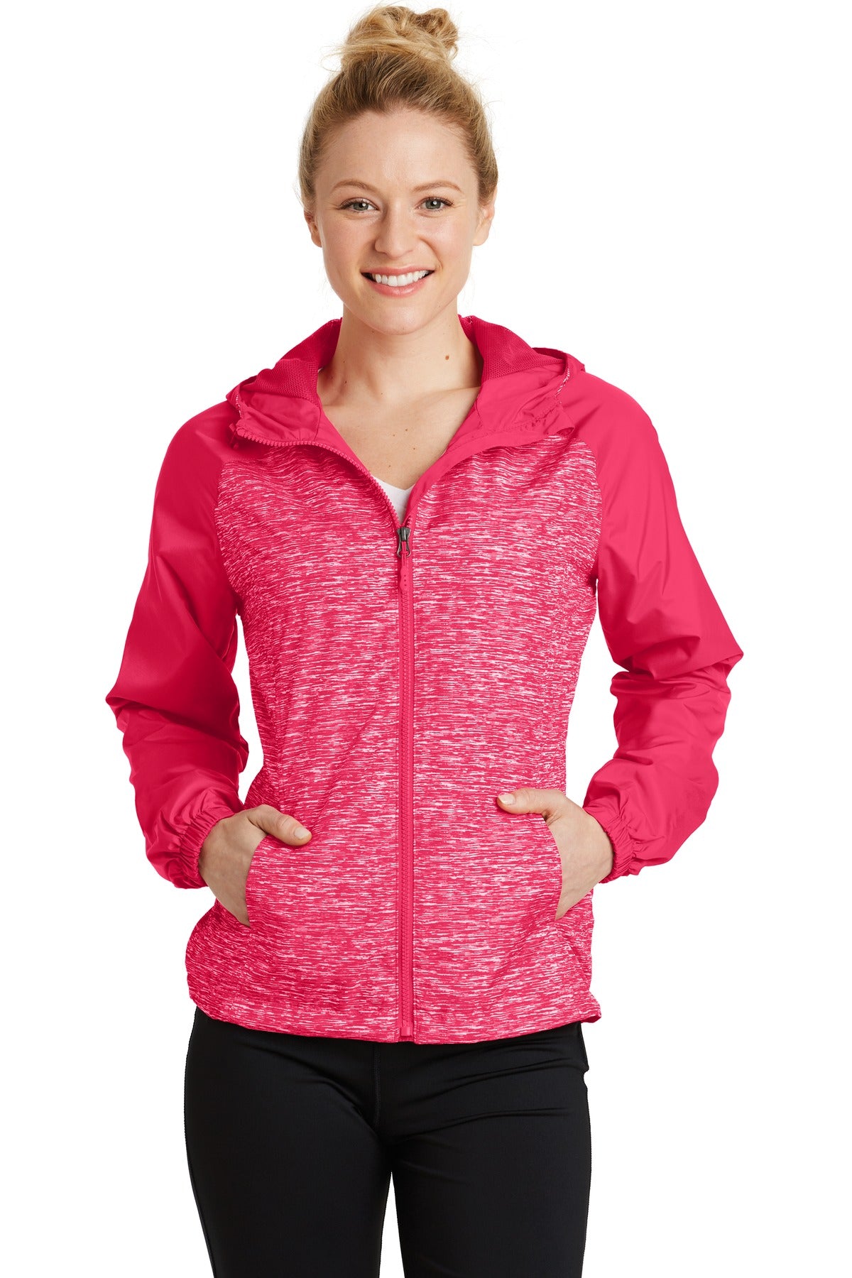 Sport-Tek Women's Heather Colorblock Raglan Hooded Wind Jacket Womens Apparel Jackets & Vests