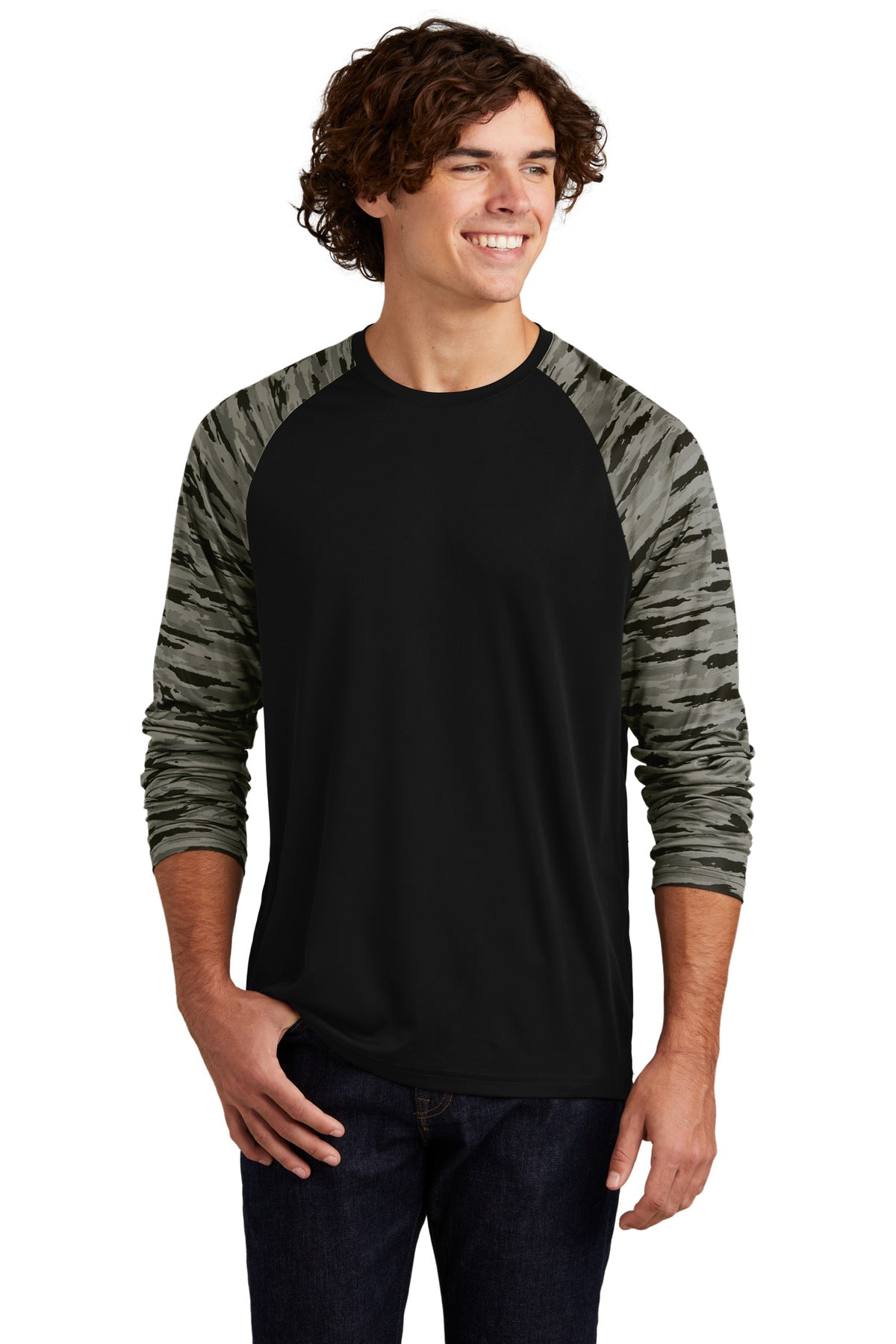 Sport-Tek Drift Camo Colorblock Long Sleeve Tee ST376LS Mens Apparel Shirts & Tops