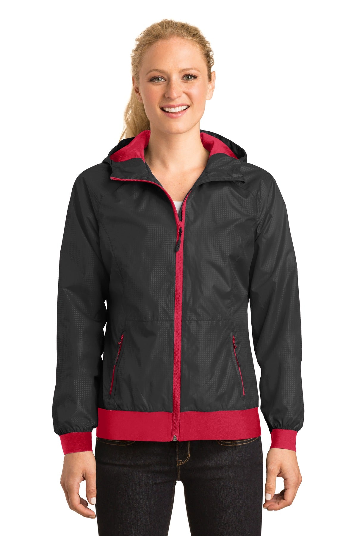 Sport-Tek Women's Embossed Hooded Wind Jacket LST53 Womens Apparel Jackets & Vests