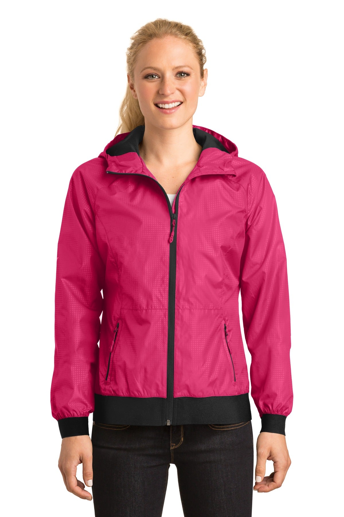 Sport-Tek Women's Embossed Hooded Wind Jacket LST53 Womens Apparel Jackets & Vests