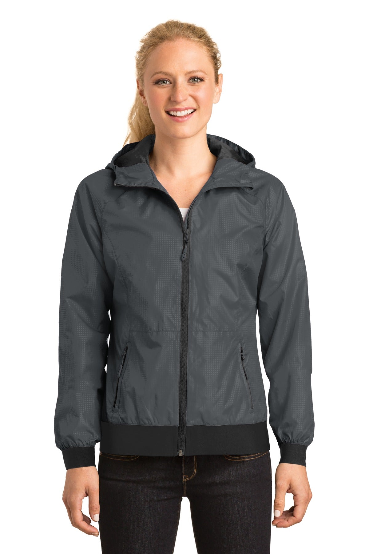 Sport-Tek Women's Embossed Hooded Wind Jacket LST53 Womens Apparel Jackets & Vests