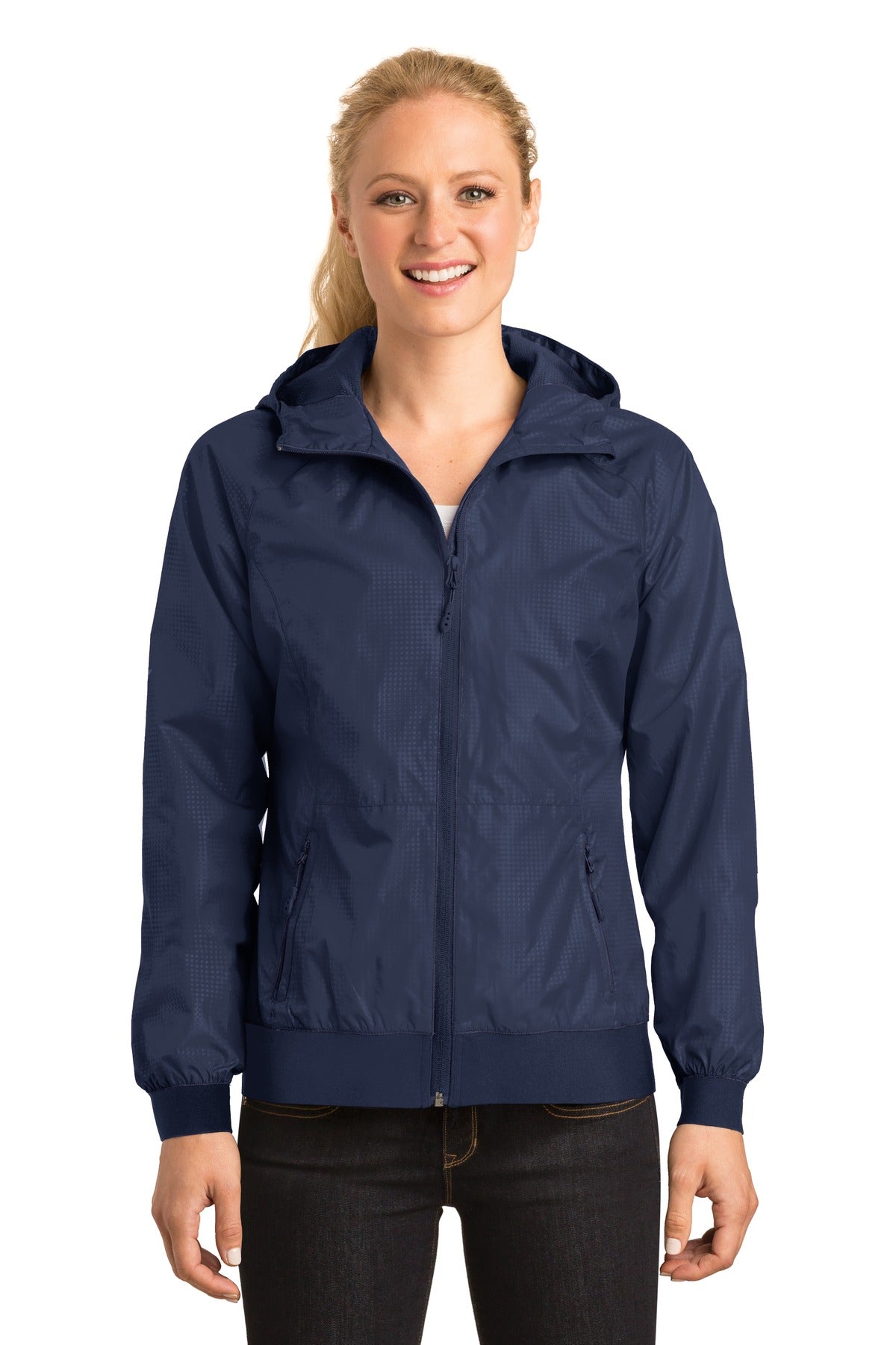 Sport-Tek Women's Embossed Hooded Wind Jacket LST53 Womens Apparel Jackets & Vests