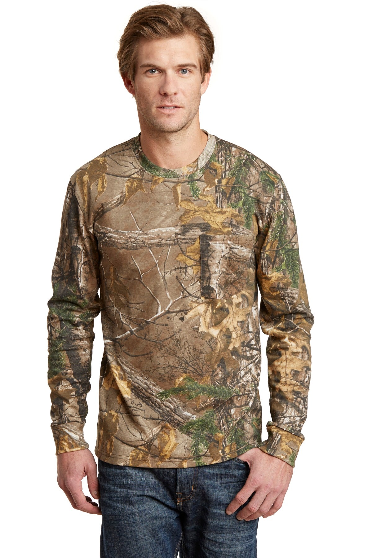 Russell Outdoors Men's Realtree Long Sleeve Explorer 100% Cotton T-Shirt with Pocket S020R Mens Apparel Shirts & Tops