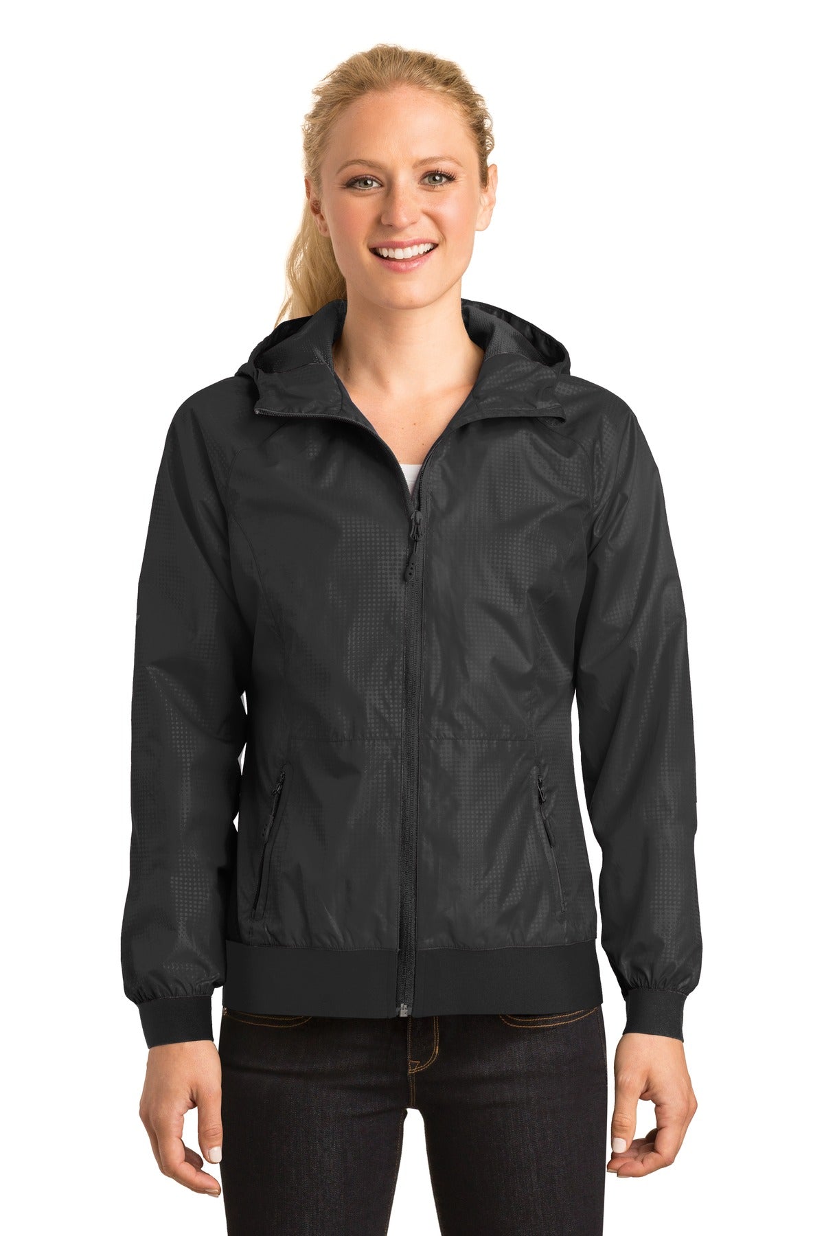 Sport-Tek Women's Embossed Hooded Wind Jacket LST53 Womens Apparel Jackets & Vests