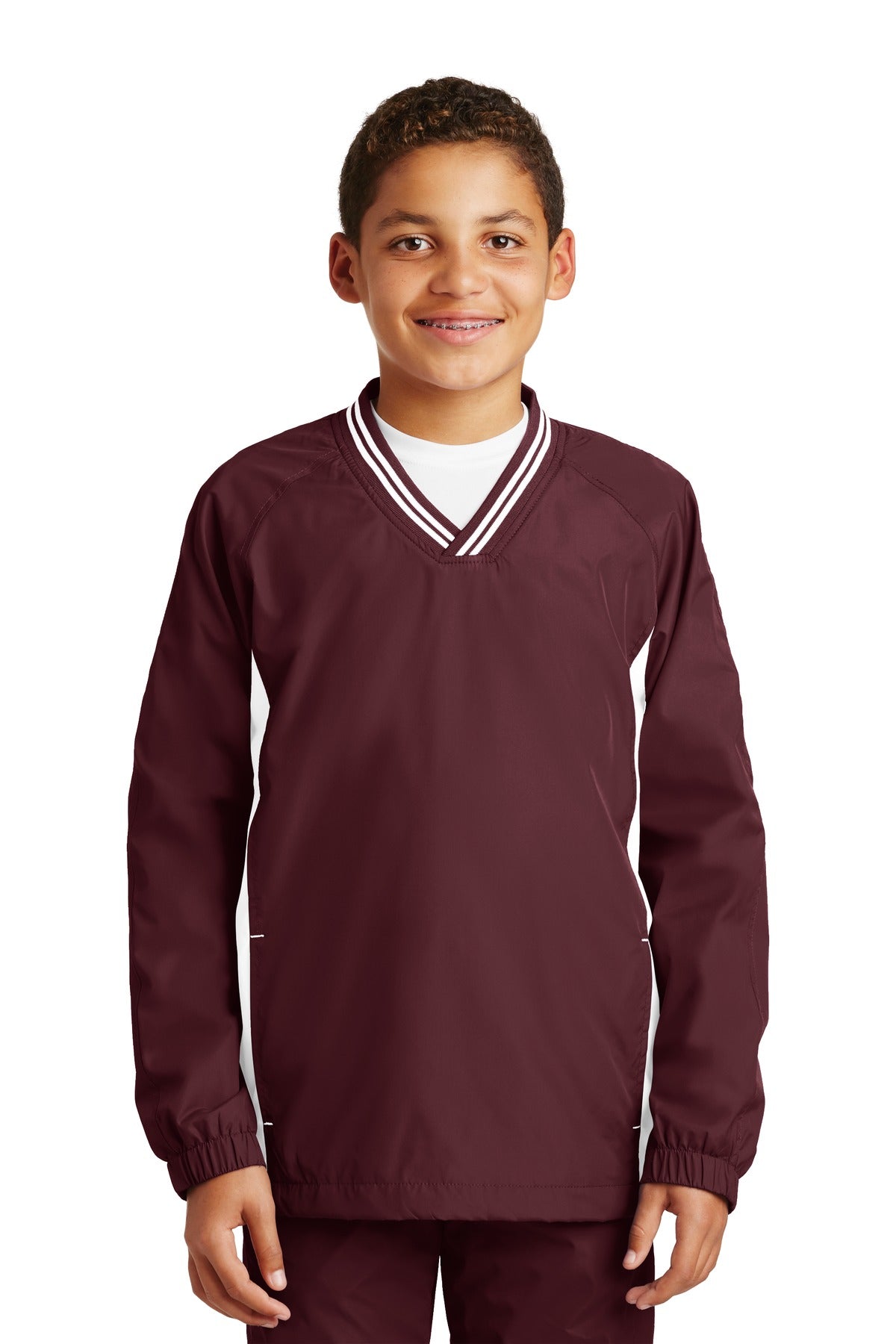 Sport-Tek Youth Tipped V-Neck Raglan Wind Shirt YST62 Youth Apparel Hoodies & Sweatshirts