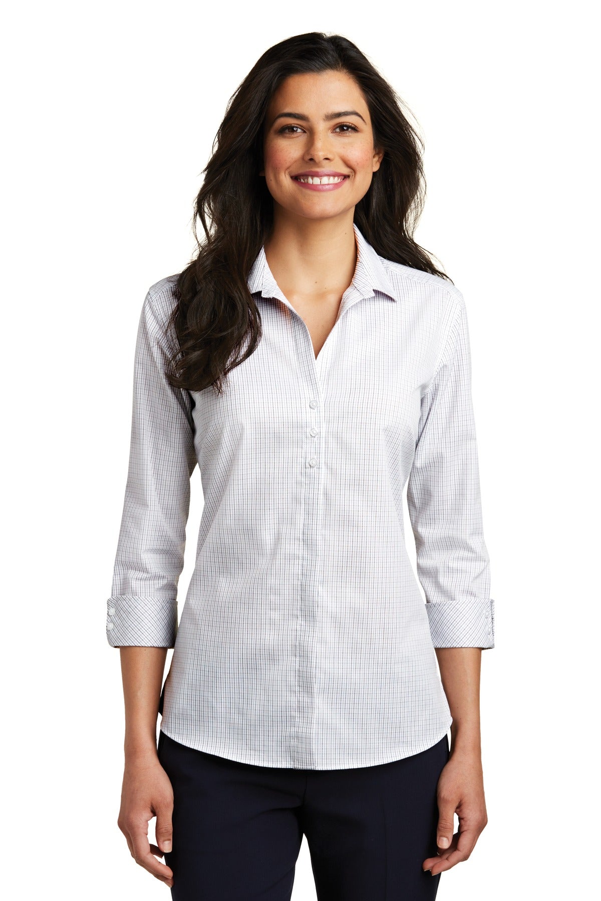 Port Authority Ladies 3/4-Sleeve Micro Tattersall Easy Care Shirt. LW643 Womens Apparel Shirts & Tops