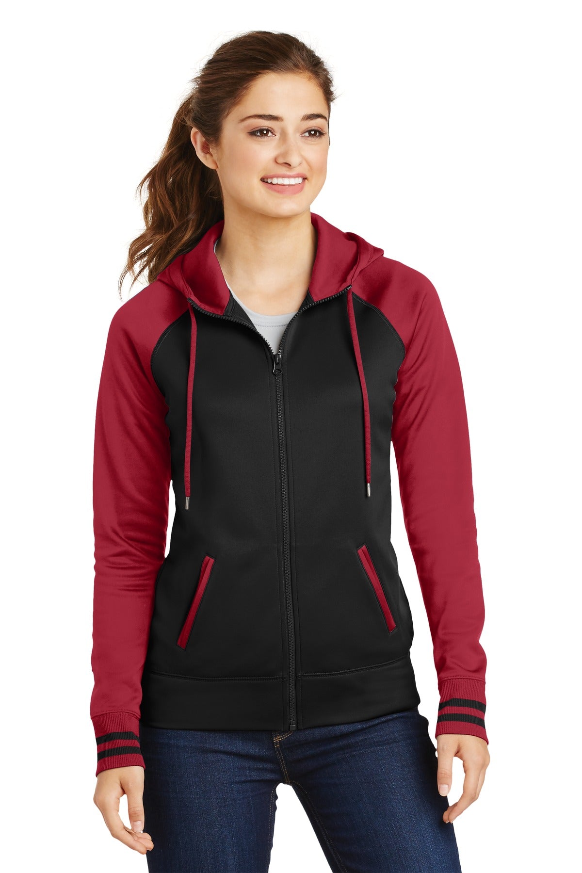 Sport-Tek Women's Sport-Wick Varsity Fleece Full-Zip Hooded Jacket. LST236 Womens Apparel Jackets & Vests