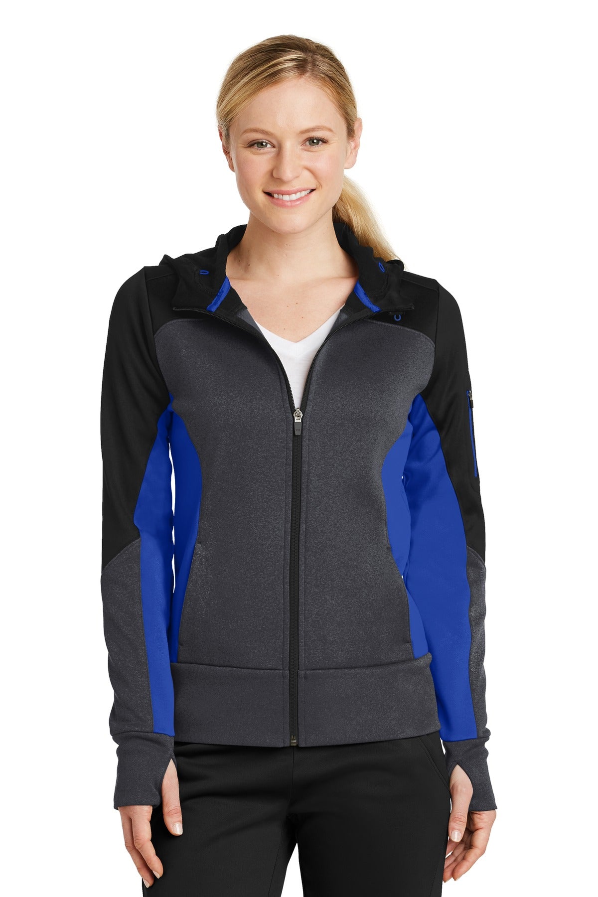Sport-Tek Women's Tech Fleece Colorblock Full-Zip Hooded Jacket. LST245 Womens Apparel Jackets & Vests