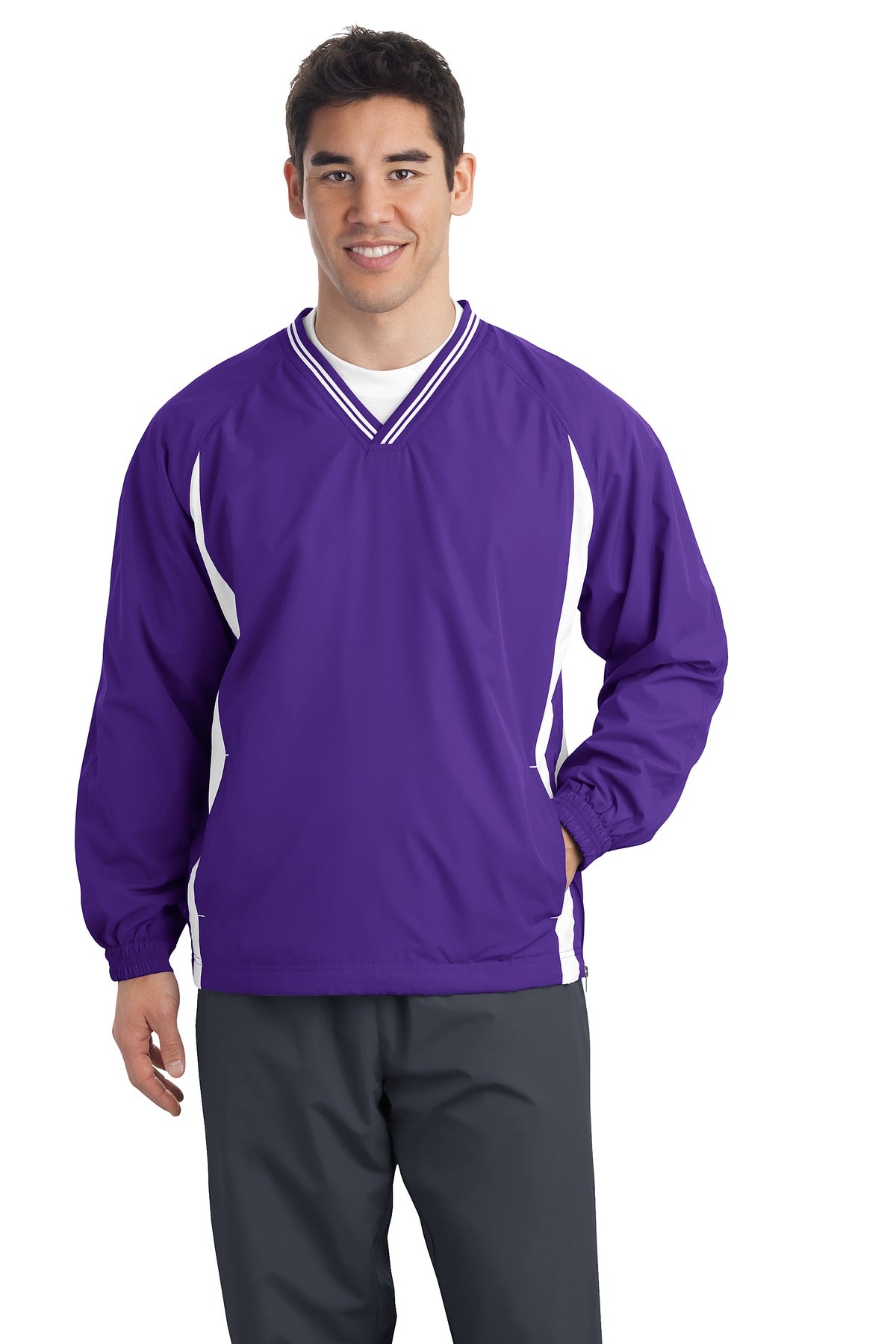 Sport-Tek Tall Tipped V-Neck Raglan Wind Shirt. TJST62 Mens Apparel Sweatshirts & Fleece