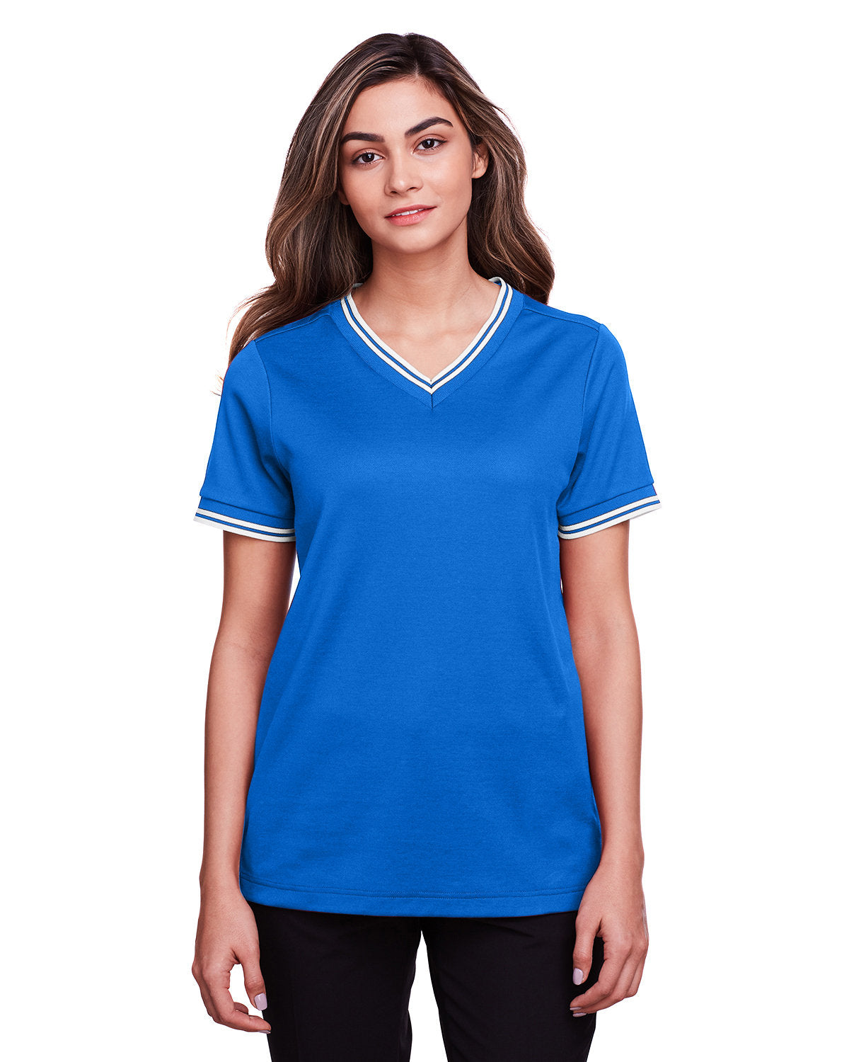 Devon & Jones Ladies' CrownLux Performance™ Plaited Tipped V-Neck Polo Devon & Jones