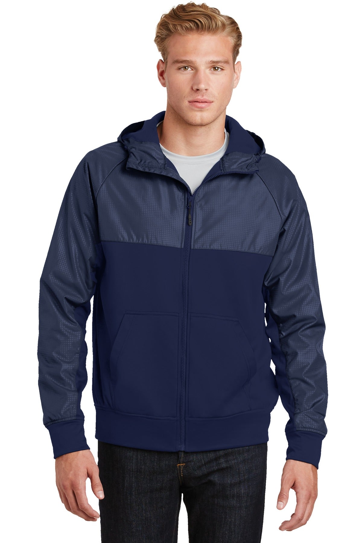 Sport-Tek Men's   Embossed Hybrid Full-Zip Hooded Jacket