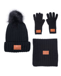 Leeman Three-Piece Rib Knit Fur Pom Winter Set Leeman