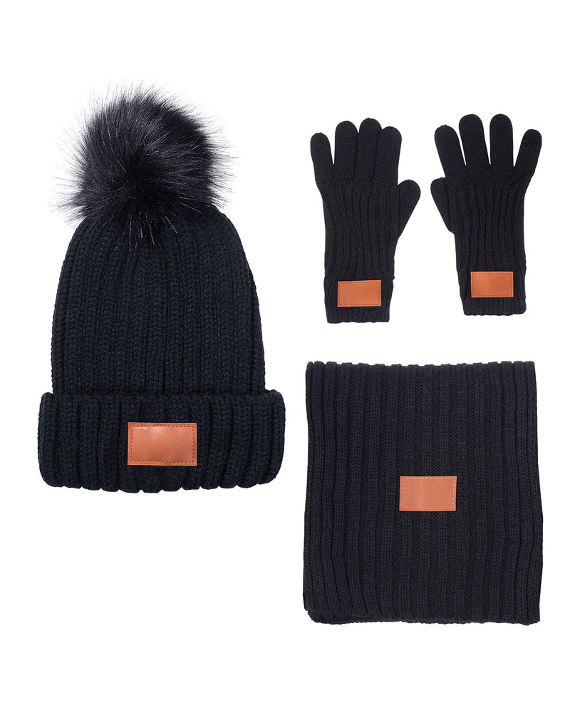 Leeman Three-Piece Rib Knit Fur Pom Winter Set